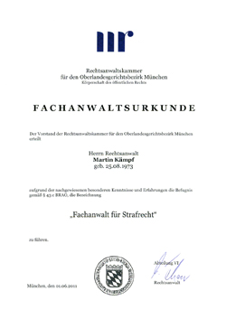 Fachanwaltsurkunde Rechtsanwalt Kämpf